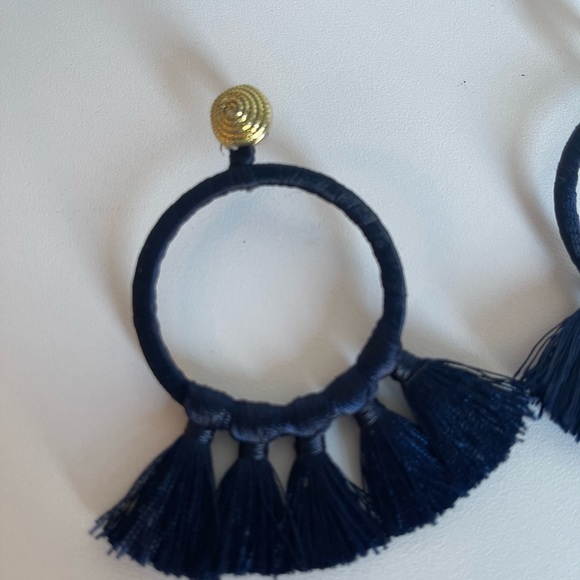 Navy Blue Fringe Wrapped Drop Earrings with Gold Post - Picture 4 of 5